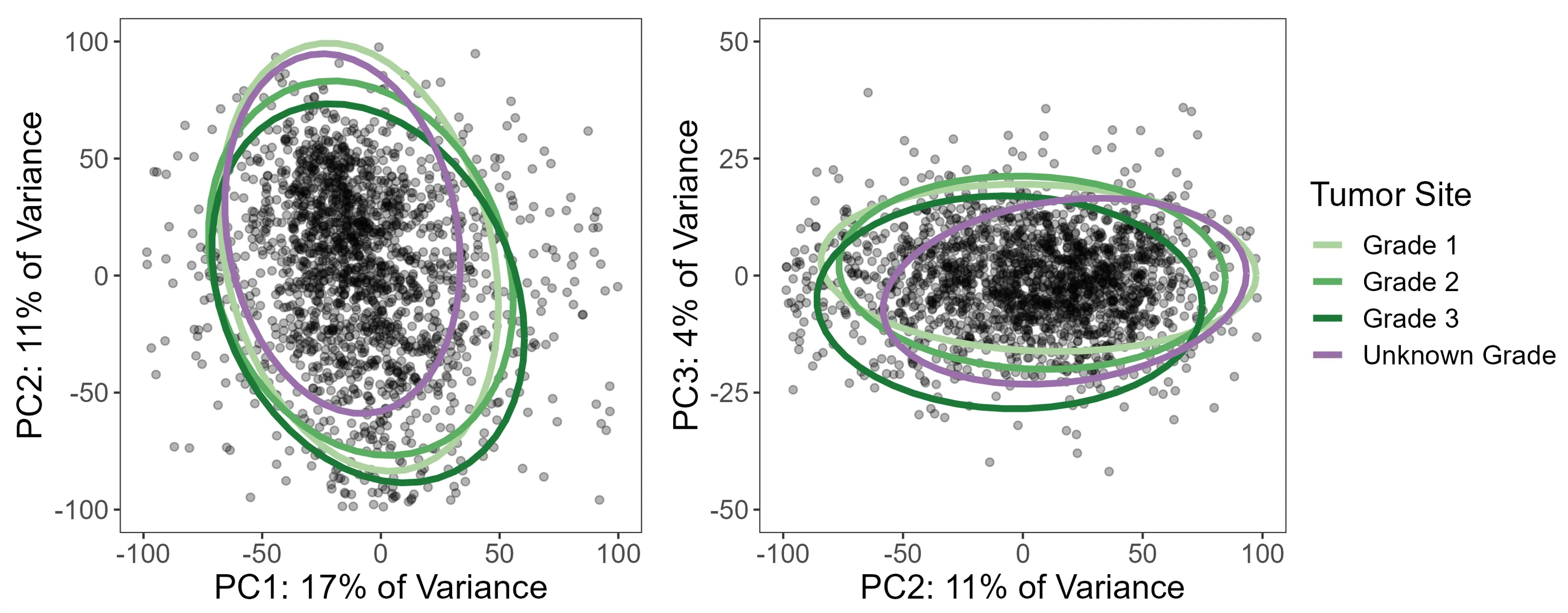 PCA labeled by tumor grade. Patients with unknown grade cluster distinctly from the graded groups, indicating grade is missing not at random.